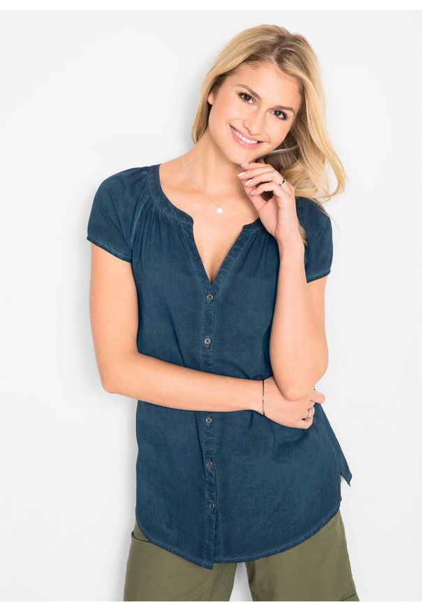 bonprix - "Bluzka bawełniana ""cold-dyed"", krótki rękaw, ze zrównoważonej bawełny". Kolor: niebieski. Materiał: bawełna. Długość rękawa: krótki rękaw. Długość: krótkie