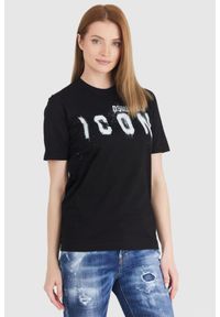 DSQUARED2 Czarny t-shirt damski icon spray, Rozmiar S. Kolor: czarny. Materiał: prążkowany, bawełna. Wzór: nadruk