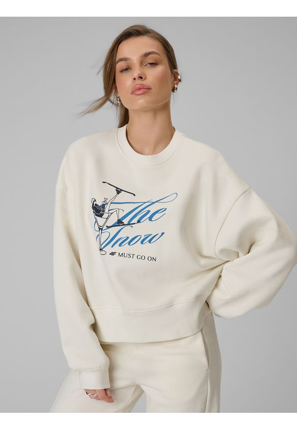 4f - 4F Bluza dresowa loose bez kaptura damska - beżowa L. Okazja: na co dzień. Typ kołnierza: bez kaptura. Kolor: beżowy. Materiał: dresówka. Styl: casual