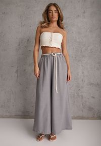 Renee - Szare Wiskozowe Spodnie Typu Palazzo High Waist Ozdobione Paskiem Sznurkiem Alemea. Okazja: na co dzień. Stan: podwyższony. Kolor: szary. Materiał: wiskoza. Długość: krótkie. Wzór: aplikacja. Styl: casual, boho #6