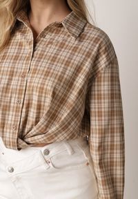 Born2be - Beżowa Krótka Bawełniana Koszula w Kratę z Marszczeniem Wenatia. Okazja: na co dzień. Kolor: beżowy. Materiał: bawełna. Długość: krótkie. Styl: casual #7