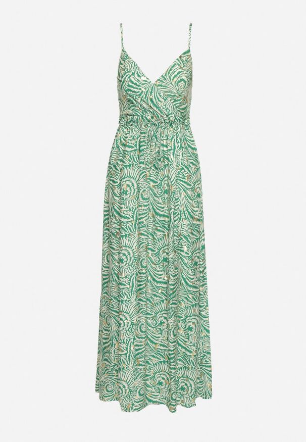 Born2be - Zielona Sukienka Bawełniana na Regulowanych Ramiączkach Risamasi. Okazja: na co dzień. Typ kołnierza: dekolt w kształcie V. Kolor: zielony. Materiał: bawełna. Długość rękawa: na ramiączkach. Sezon: lato. Styl: casual, klasyczny