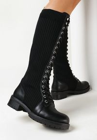 Born2be - Czarne Botki Novetra. Wysokość cholewki: przed kolano. Nosek buta: okrągły. Kolor: czarny. Materiał: tiul, prążkowany, materiał. Szerokość cholewki: normalna. Wzór: moro. Obcas: na platformie. Styl: militarny, elegancki #3