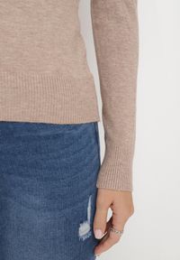 Born2be - Ciemnobeżowy Sweter Klasyczny z Miękkiej Dzianiny Helentia. Kolor: beżowy. Materiał: dzianina. Styl: klasyczny