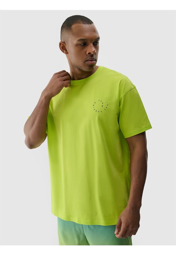 4f - 4F T-shirt oversize z nadrukiem męski - zielony XL. Okazja: na co dzień. Kolor: zielony. Materiał: dzianina, bawełna, jersey. Długość rękawa: krótki rękaw. Długość: krótkie. Wzór: nadruk. Styl: klasyczny, sportowy, casual