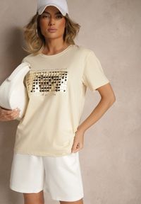 Renee - Beżowy T-shirt z Bawełny z Naszytymi Cekinami Avenelli. Okazja: na co dzień. Kolor: beżowy. Materiał: bawełna. Wzór: aplikacja. Styl: klasyczny, elegancki, casual #5