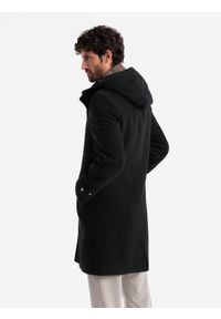 Ombre Clothing - Długi monochromatyczny męski płaszcz z kapturem – czarny V3. Okazja: na co dzień. Typ kołnierza: kaptur. Kolor: czarny. Materiał: wiskoza, tkanina, poliester, materiał, syntetyk. Długość: długie. Styl: wizytowy, casual, elegancki #3