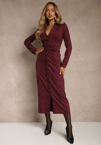 Renee - Bordowa Marszczona Sukienka z Imitacji Zamszu o Koszulowym Kroju Esora. Okazja: na randkę. Typ kołnierza: dekolt w serek. Kolor: czerwony. Materiał: zamsz. Typ sukienki: koszulowe #5