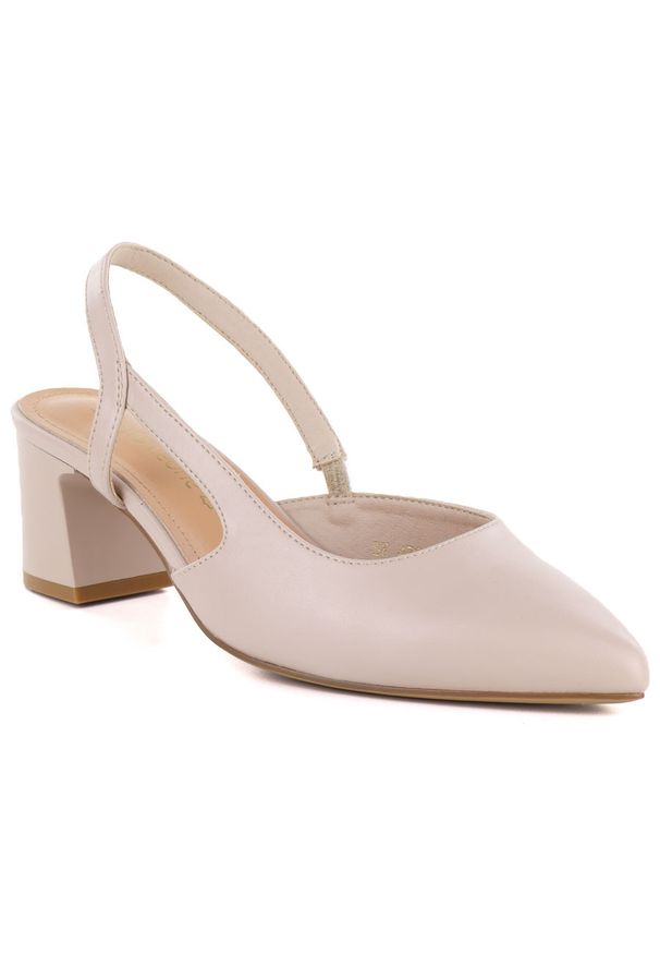 Czółenka na słupku bez pięty beżowe Sergio Leone SK472. Kolor: beżowy. Materiał: skóra ekologiczna. Sezon: lato. Obcas: na słupku. Wysokość obcasa: średni