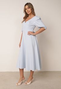 Born2be - Niebieska Elegancka Sukienka z Bufiastymi Rękawami i Wiązaniem na Plecach Zeepy. Kolor: niebieski. Wzór: gładki. Styl: elegancki #8