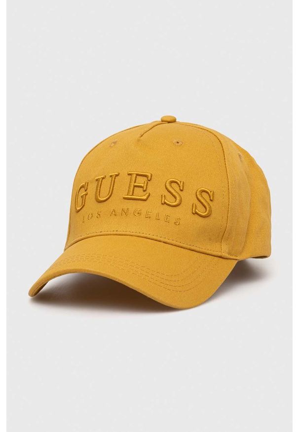 Guess czapka z daszkiem bawełniana kolor żółty z aplikacją. Kolor: żółty. Materiał: bawełna. Wzór: aplikacja