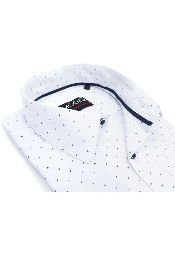 Modini - Biała koszula męska z krótkim rękawem - granatowy wzorek MK18. Kolor: biały, wielokolorowy, niebieski. Materiał: bawełna, poliester, tkanina. Długość rękawa: krótki rękaw. Długość: krótkie. Styl: klasyczny