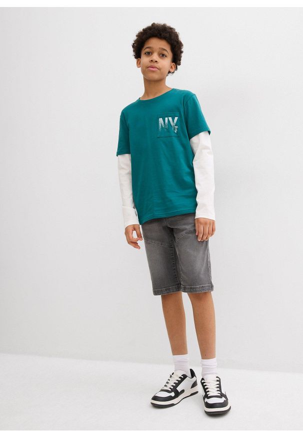 bonprix - Bermudy dżinsowe z elastycznym paskiem, ze stretchem, regular fit. Okazja: na co dzień. Kolor: szary. Styl: casual