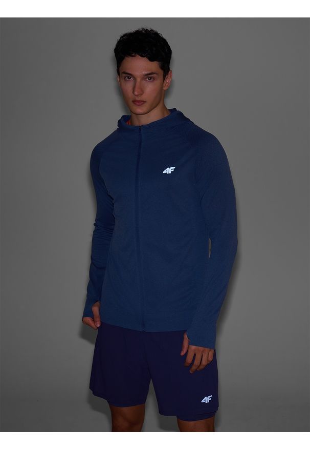 4f - 4F Bluza do biegania w terenie szybkoschnąca męska - granatowa L/XL. Typ kołnierza: kaptur. Kolor: niebieski. Materiał: dzianina, włókno, syntetyk, materiał. Długość rękawa: raglanowy rękaw. Długość: długie. Wzór: gładki, ze splotem. Styl: klasyczny, sportowy