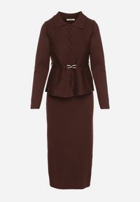Born2be - Brązowy Komplet Garsonka z Wiskozą Marynarka z Paskiem i Ołówkowa Spódnica Zaise. Kolor: brązowy. Materiał: wiskoza #3
