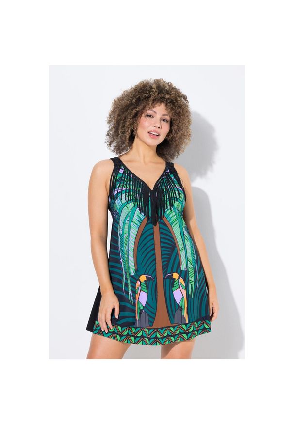 ULLA POPKEN - Damska Sukienka Kąpielowa papugi miękkie miseczki Powermesh. Kolekcja: plus size. Kolor: czarny. Materiał: elastan, poliamid, materiał