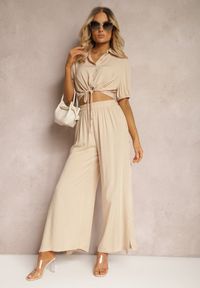 Renee - Jasnobeżowy Komplet z Bawełny w Stylu Utility Koszula i Szerokie Spodnie Veola. Kolor: beżowy. Materiał: bawełna