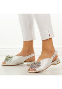 POTOCKI - Srebrne sandały damskie na obcasie Potocki 43336. Okazja: na co dzień, na imprezę. Kolor: srebrny. Materiał: skóra. Wzór: aplikacja. Sezon: wiosna, lato. Obcas: na obcasie. Styl: casual, elegancki, klasyczny, wizytowy. Wysokość obcasa: niski #1