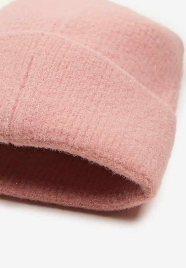 Born2be - Różowa Czapka Ozdobiona Wywinięciem i Metaliczną Nicią Temirina. Kolor: różowy. Wzór: aplikacja. Styl: casual, elegancki