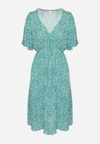 Born2be - Zielona Sukienka z Bawełny Rozkloszowana w Kwiaty Esirive. Typ kołnierza: dekolt w kształcie V. Kolor: zielony. Materiał: bawełna. Długość rękawa: krótki rękaw. Wzór: kwiaty #4