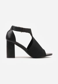 Renee - Czarne Sandały Soft Fit VICES na Obcasie w Stylu Botków z Elastyczną Ażurową Cholewką Comfort Omphopis. Zapięcie: rzepy. Kolor: czarny. Materiał: materiał, jeans. Wzór: ażurowy. Obcas: na obcasie. Wysokość obcasa: średni #6