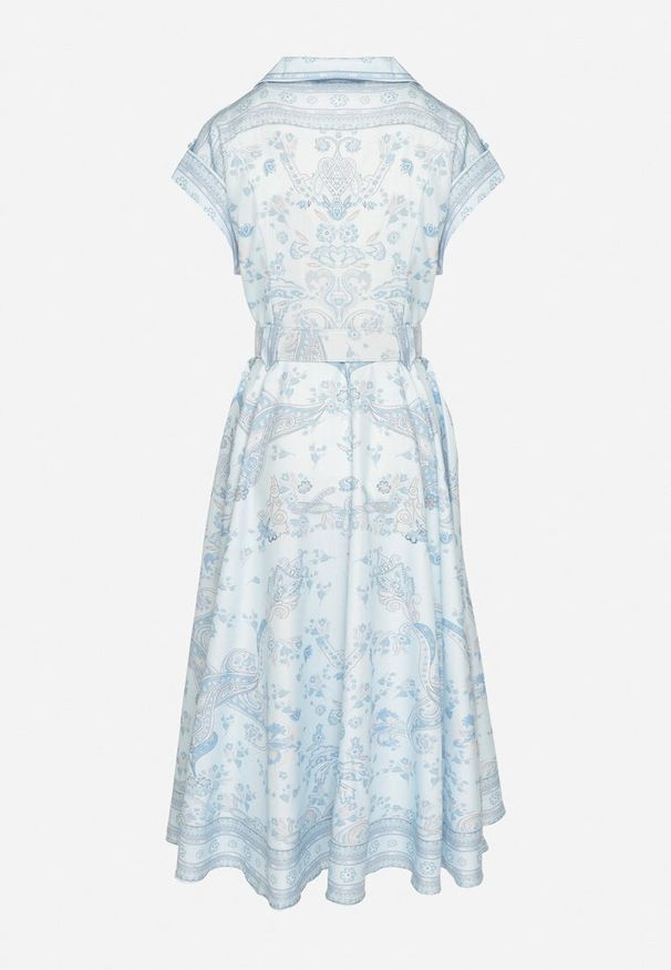 Born2be - Niebieska Rozkloszowana Sukienka Koszulowa z Lnu i Wiskozy z Paskiem Alumera. Typ kołnierza: kołnierzyk klasyczny, dekolt w serek. Kolor: niebieski. Materiał: len, wiskoza. Typ sukienki: koszulowe. Styl: klasyczny