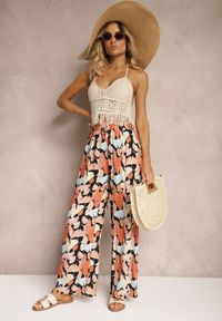Renee - Pomarańczowo-Czarne Szerokie Spodnie z Wiskozy High Waist w Kwiaty Wykończone Gumką w Talii Dennea. Stan: podwyższony. Kolor: pomarańczowy. Materiał: wiskoza. Wzór: kwiaty. Sezon: lato #3