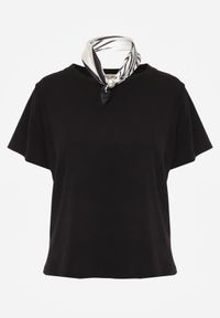 Born2be - Czarny Bawełniany T-shirt z Satynową Apaszką Cloud. Okazja: do pracy, na co dzień. Kolor: czarny. Materiał: bawełna, satyna. Styl: elegancki, casual #3