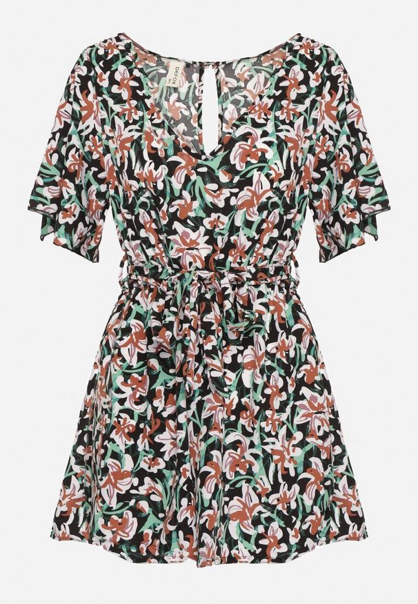 Born2be - Czarno-Zielony Kombinezon z Gumką w Pasie z Materiałowym Paskiem Tessianna. Okazja: na co dzień. Kolor: czarny. Materiał: materiał. Styl: elegancki, casual