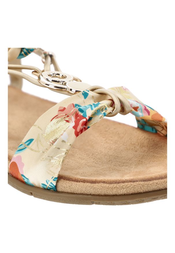 Złote Sandały Artiker Eleganckie Obuwie Damskie. Okazja: na spacer, na co dzień. Zapięcie: pasek. Kolor: złoty. Materiał: tkanina. Wzór: kolorowy. Sezon: lato. Styl: elegancki