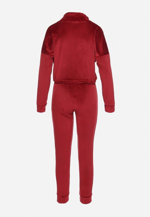 Born2be - Bordowy Welurowy Komplet Dresowy Krótka Bluza i Spodnie z Wstawkami w Cętki Kilima. Kolor: czerwony. Materiał: dresówka, welur. Wzór: aplikacja