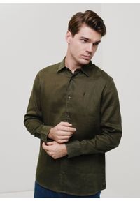 Ochnik - Ciemnozielona lniana koszula męska. Kolor: zielony. Materiał: len