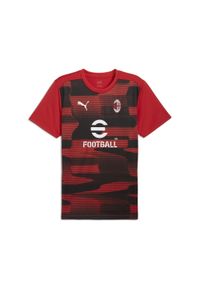 Puma - Męska koszulka przedmeczowa z krótkim rękawem AC Milan PUMA. Kolor: czerwony, wielokolorowy, czarny. Długość rękawa: krótki rękaw. Długość: krótkie. Sport: piłka nożna
