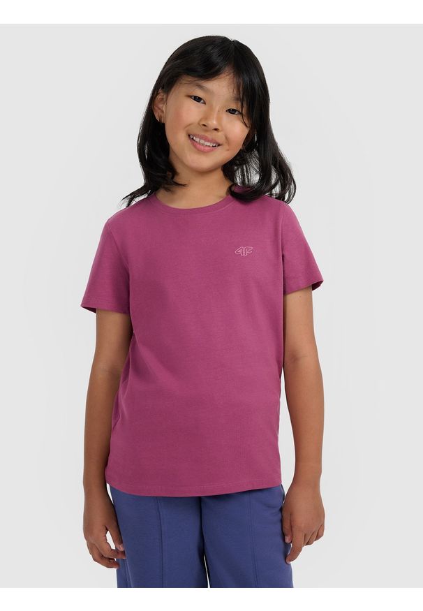4f - 4F T-shirt regular gładki dziewczęcy - fioletowy 164 (13-14 lat). Okazja: na co dzień. Kolor: fioletowy. Materiał: bawełna, materiał, jersey. Długość rękawa: krótki rękaw. Długość: krótkie. Wzór: gładki. Sezon: lato. Styl: młodzieżowy, klasyczny, casual, sportowy