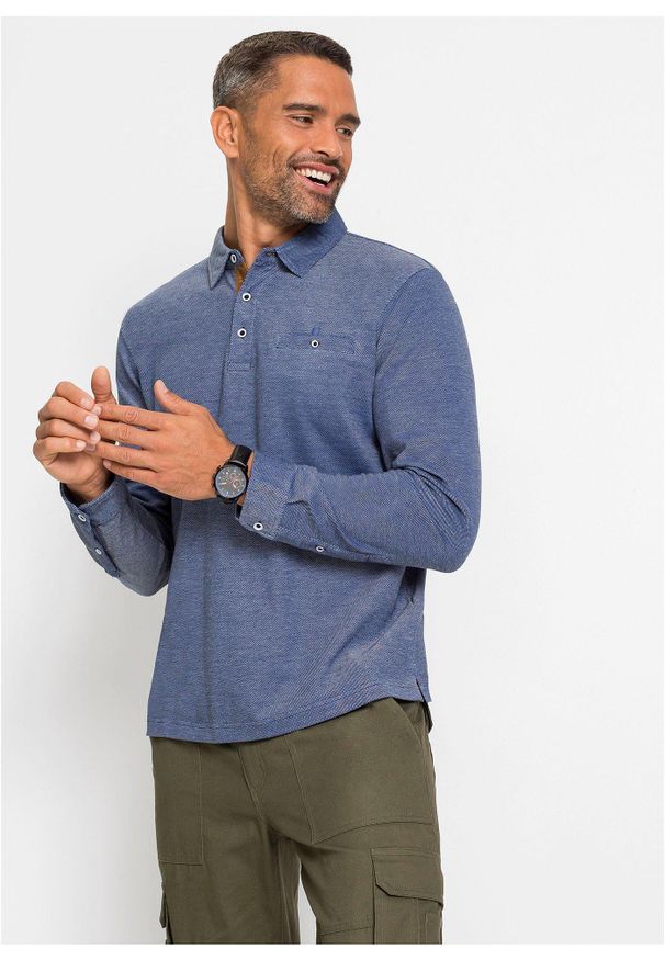 bonprix - Koszulka polo pique, długi rękaw. Okazja: na co dzień. Typ kołnierza: polo. Kolor: niebieski. Długość rękawa: długi rękaw. Długość: długie. Wzór: aplikacja. Styl: casual