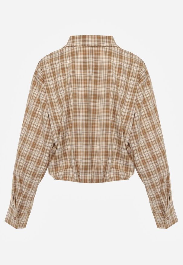 Renee - Beżowa Koszula z Bawełny Typu Crop w Kratę Ozdobiona Marszczeniem Risettes. Okazja: na co dzień. Kolor: beżowy. Materiał: bawełna. Wzór: aplikacja. Styl: casual