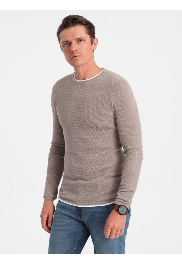 Ombre Clothing - Bawełniany sweter męski z okrągłym dekoltem - zimny beż V9 OM-SWSW-0103 - XXL. Kolor: beżowy. Materiał: bawełna. Styl: klasyczny