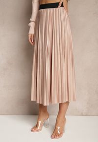 Renee - Jasnobeżowa Plisowana Spódnica Rozkloszowana z Gumką w Talii Noriri. Okazja: na co dzień. Kolor: beżowy. Styl: klasyczny, elegancki, casual #5