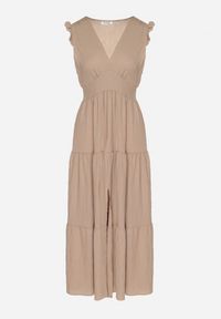 Born2be - Beżowa Wiskozowa Sukienka z Falbankami Sadoline. Okazja: na co dzień. Typ kołnierza: kołnierz z falbankami. Kolor: beżowy. Materiał: wiskoza. Styl: boho, casual #7