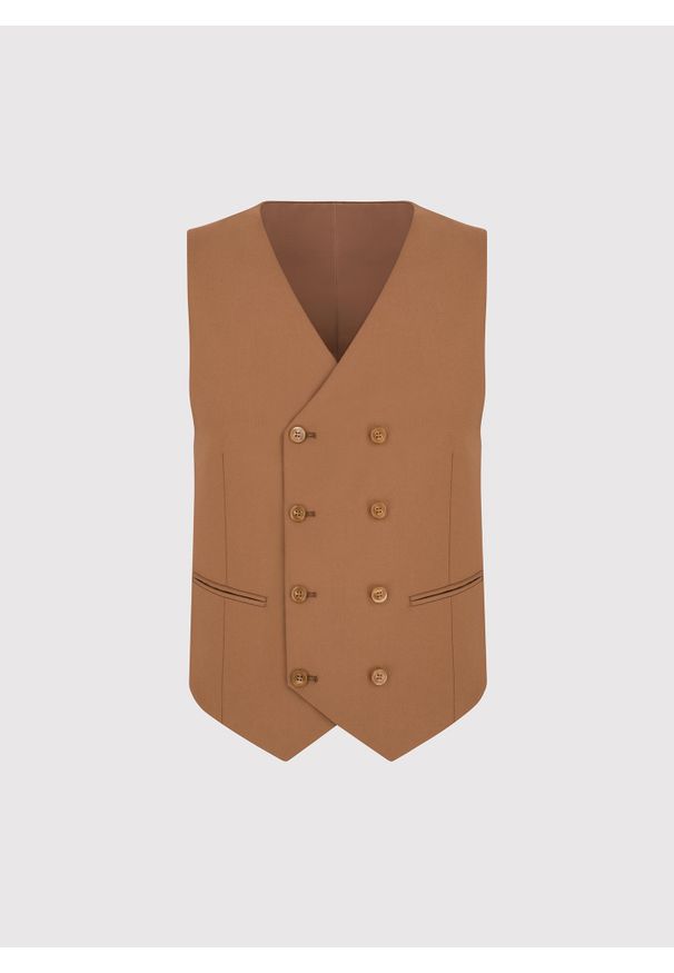 Pako Lorente - PAKO LORENTE - Ruda dwurzędowa kamizelka męska. Okazja: na co dzień. Kolor: brązowy. Materiał: poliester, wiskoza, elastan. Wzór: gładki. Styl: casual