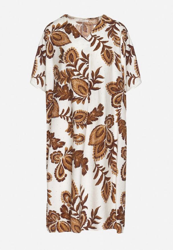 Born2be - Brązowa Sukienka z Lnem i Wiskozą Ozdobiona Cyrkoniami Sadelune. Okazja: na co dzień. Typ kołnierza: dekolt w serek. Kolor: brązowy. Materiał: wiskoza, len. Wzór: aplikacja. Styl: elegancki, klasyczny, casual