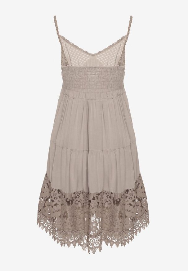 Born2be - Ciemnobeżowa Rozkloszowana Sukienka w Haftowany Wzór Mavironne. Okazja: na imprezę. Kolor: beżowy. Wzór: haft. Styl: elegancki