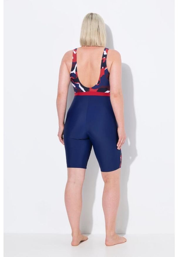ULLA POPKEN - Damski Strój kąpielowy długie nogawki bez miękkich miseczek zamek błyskawiczny. Kolekcja: plus size. Kolor: niebieski. Materiał: elastan, poliamid, materiał. Długość: długie