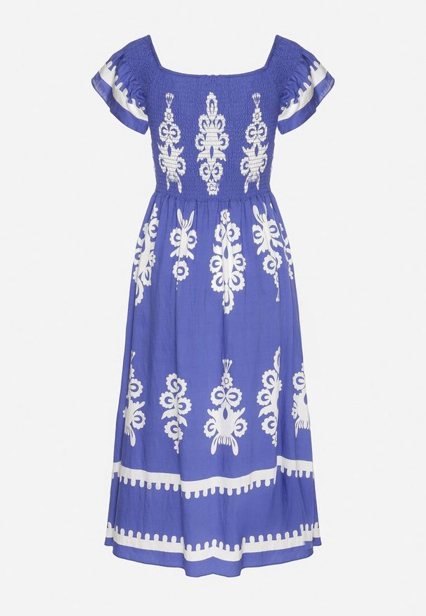 Born2be - Niebieska Wiskozowa Sukienka w Ornamentalne Wzory o Rozkloszowanym Kroju Divessa. Kolor: niebieski. Materiał: wiskoza. Długość rękawa: krótki rękaw. Typ sukienki: proste