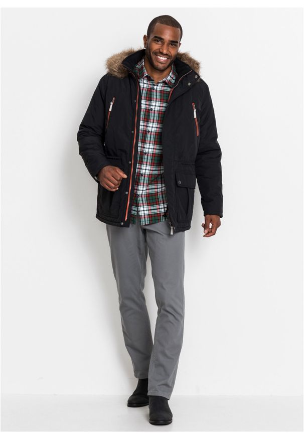 bonprix - Parka zimowa ze sportowymi szczegółami. Typ kołnierza: kaptur. Kolor: czarny. Sezon: zima. Styl: sportowy
