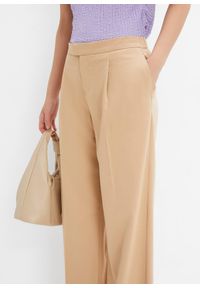 bonprix - Szerokie spodnie z zakładkami. Kolor: beżowy. Materiał: poliester. Styl: elegancki #3