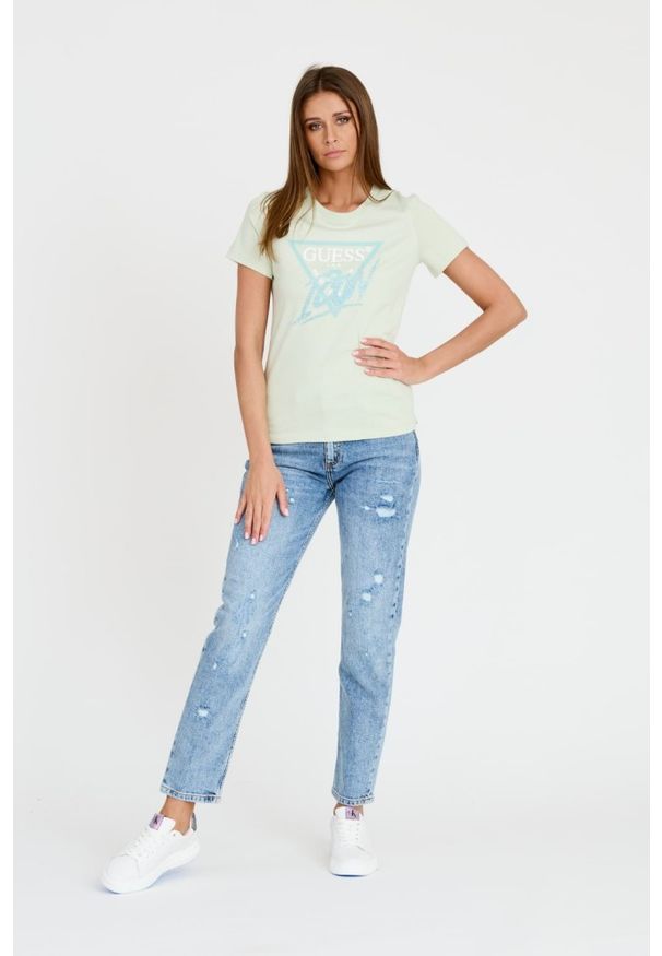 Guess - GUESS Miętowy damski t-shirt bawełniany Icon Tee, Rozmiar M. Kolor: zielony. Materiał: bawełna