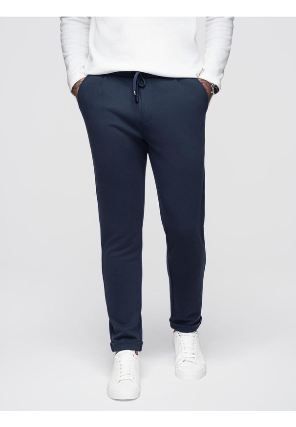 Ombre Clothing - Spodnie męskie z dzianiny pique z regulacją w pasie – granatowe V1 - Rozmiar: M. Okazja: na co dzień. Kolor: niebieski. Materiał: dzianina. Styl: klasyczny, casual, elegancki