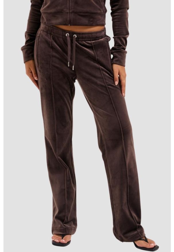 Juicy Couture - JUICY COUTURE Czekoladowe spodnie dresowe damskie z cyrkoniami Tina Outline, Rozmiar XS. Kolor: brązowy. Materiał: dresówka