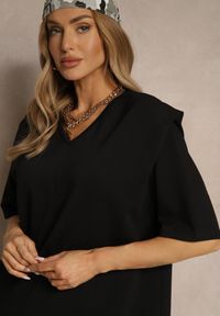 Renee - Czarny Komplet z Wiskozą T-shirt z Dekoltem w Serek i Spodnie o Szerokim Kroju Zevline. Kolor: czarny. Materiał: wiskoza